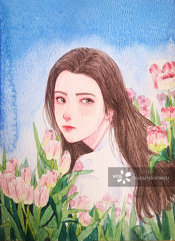 手绘水彩插画头像郁金香女孩图片素材