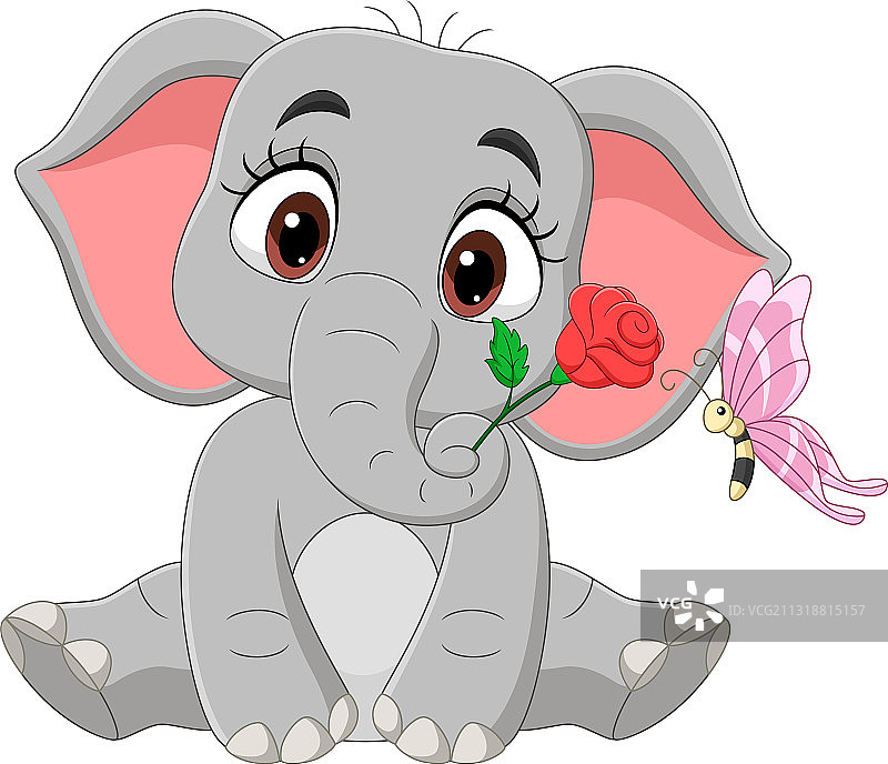 可爱的小象坐在鲜花和蝴蝶旁图片素材