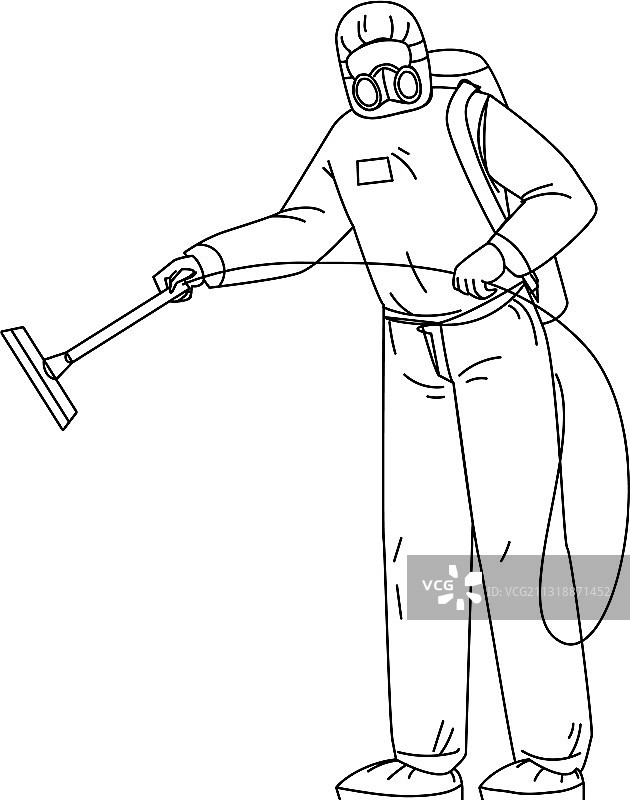 身穿防护服的男人在阳台上消毒图片素材