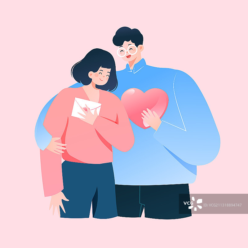 卡通情侣情人节在一起浪漫约会互联网情书送礼花卉电商矢量插画图片素材