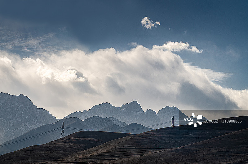 蓝天白云下的祁连山大草原图片素材