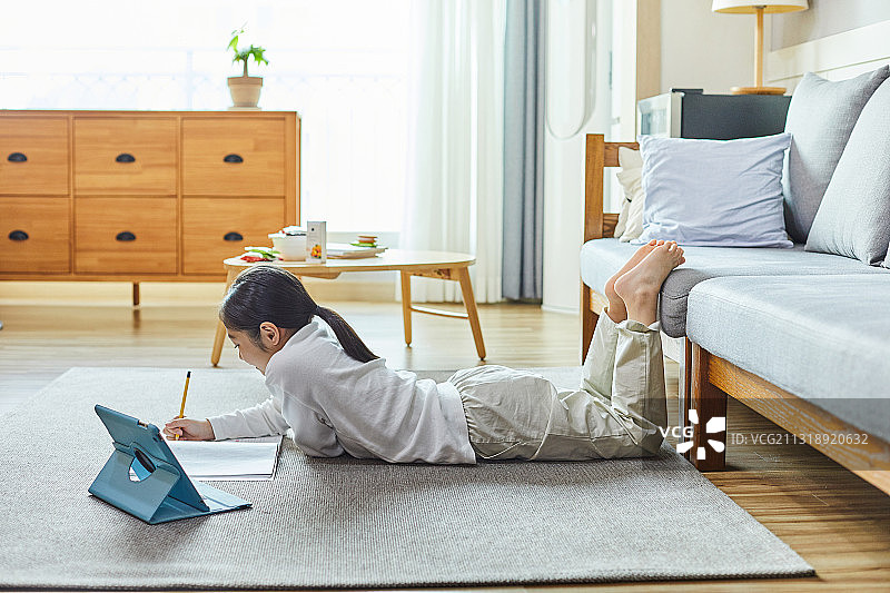 儿童，家庭，客厅，学习，网络讲座，非面对面，微笑图片素材