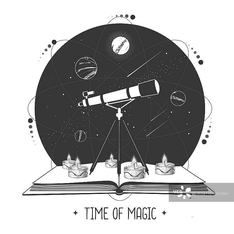 带有望远镜的现代魔法巫术书图片素材