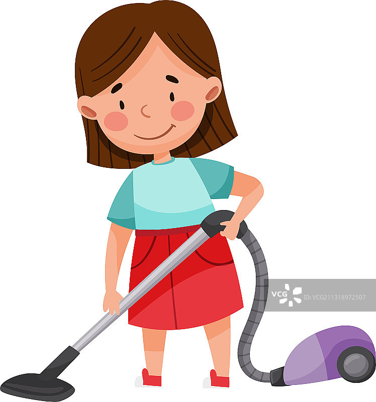 正在用吸尘器打扫地板的小女孩图片素材