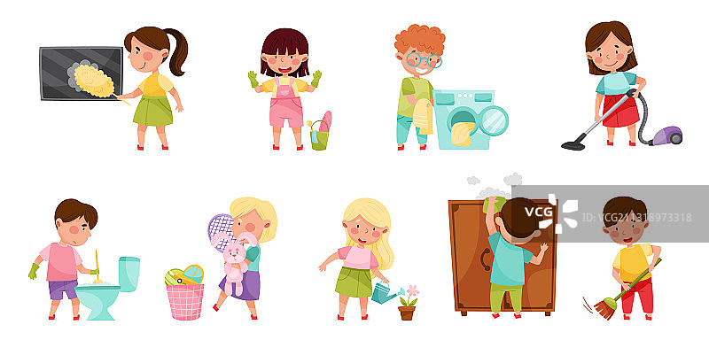 孩子们打扫房间做家务图片素材