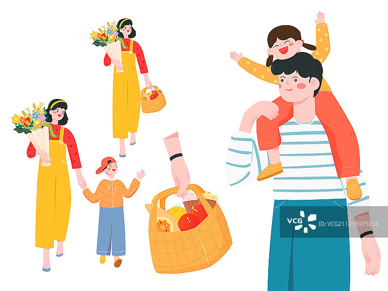 一家四口郊游度假矢量人物插画元素图片素材