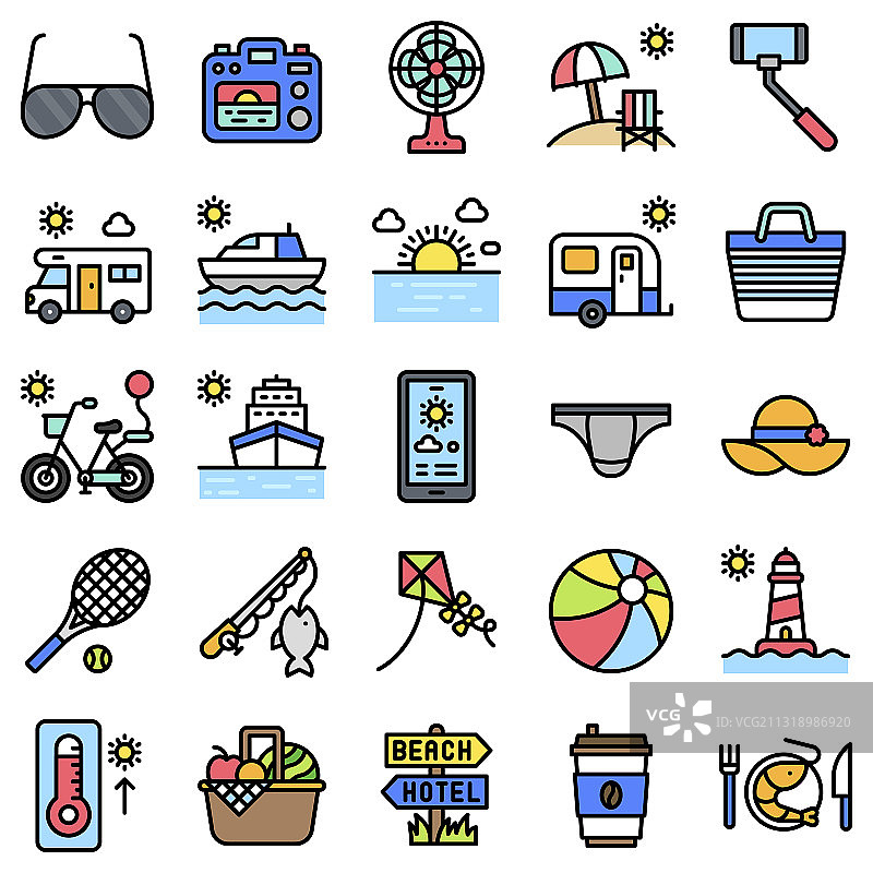 4个填充样式的暑假相关图标图片素材