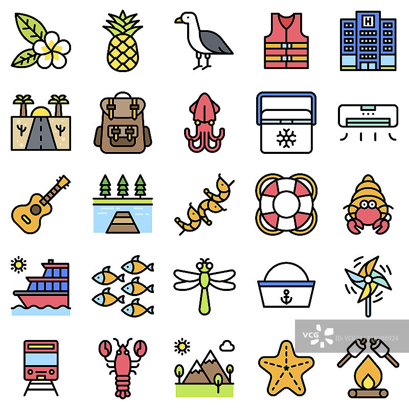 5个填充样式的暑假相关图标图片素材