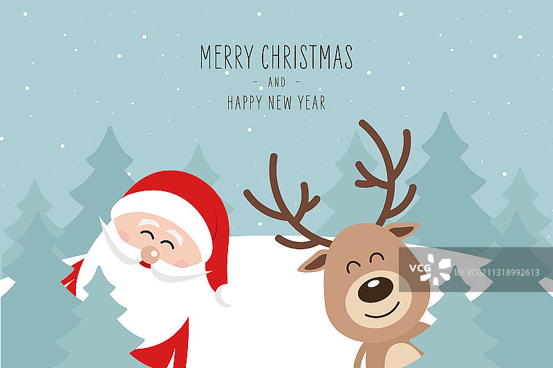 圣诞老人和驯鹿可爱卡通冬季景观图片素材