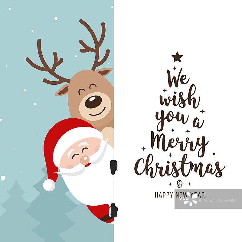 圣诞老人和驯鹿的可爱卡通形象，带节日祝福图片素材