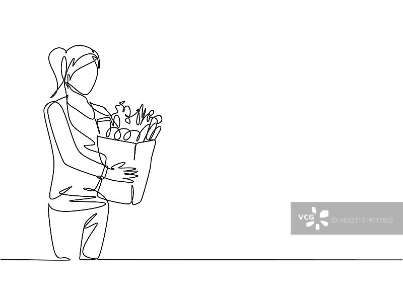 手持某物的快乐年轻女人单线画图片素材