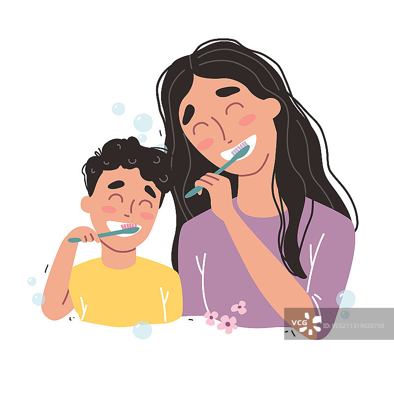 母子刷牙，幸福家庭图片素材