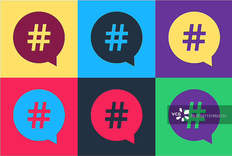 波普艺术：彩色背景上的圆形井号图标图片素材