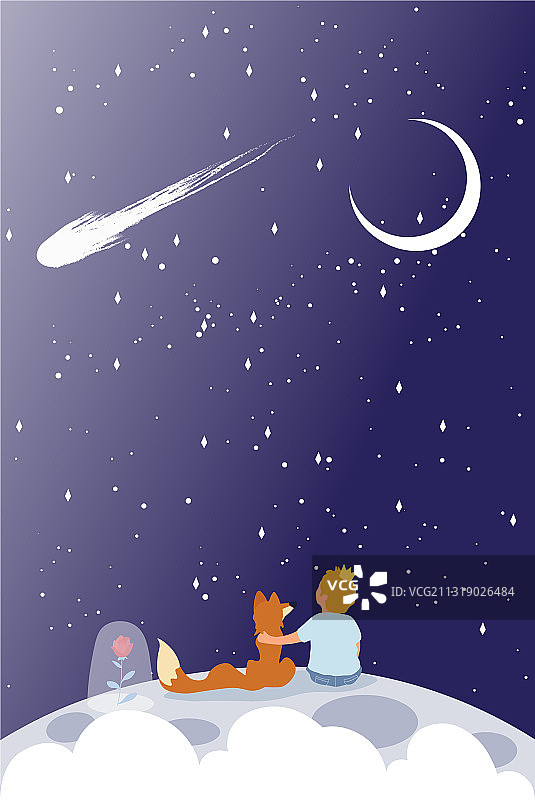 小王子与红狐坐在星球上图片素材