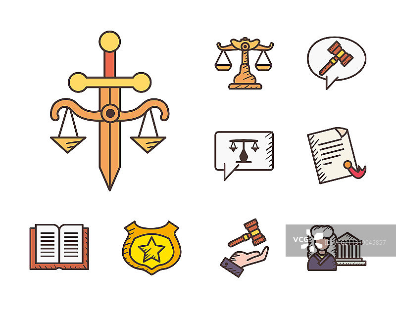 法律与公正线性填充风格图标集图片素材