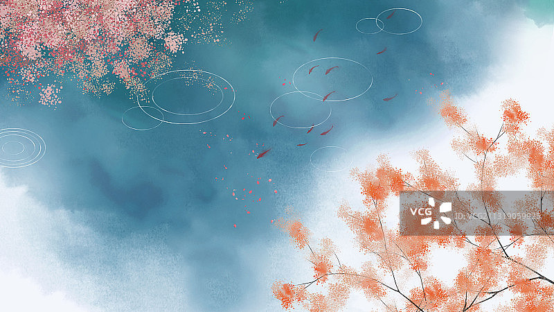 蓝色古风湖边插画图片素材