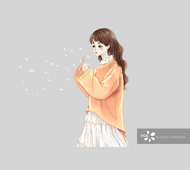 穿橘色外套白色打底裙吹蒲公英的少女图片素材