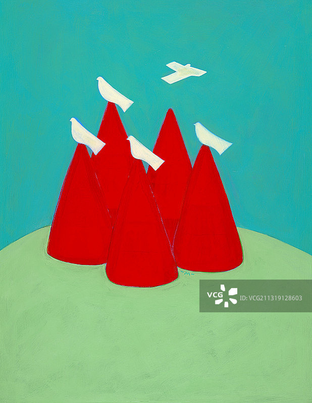 红色锥体上的白色鸟类插画图片素材