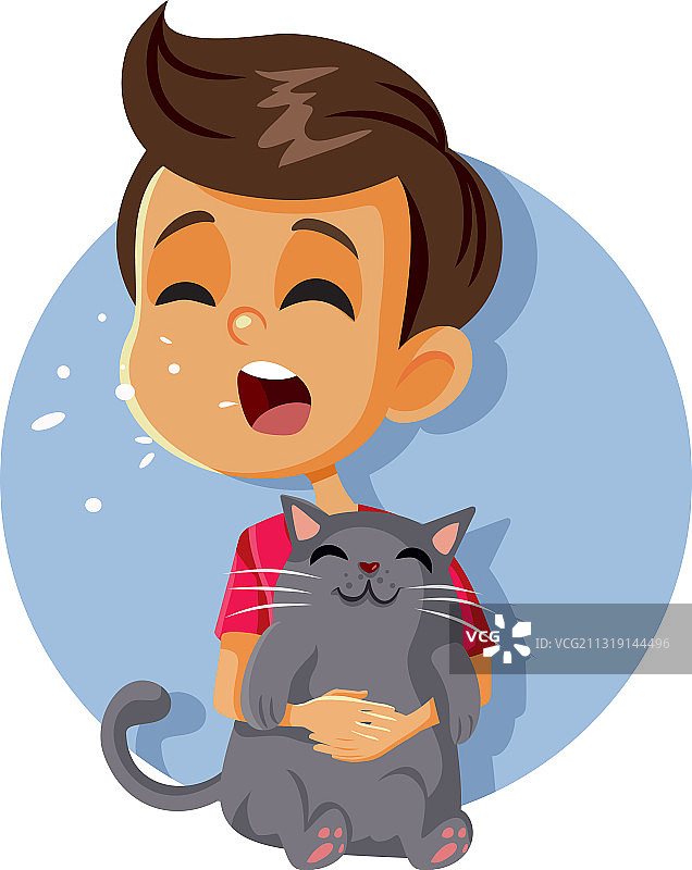 对小猫过敏打喷嚏的男孩图片素材
