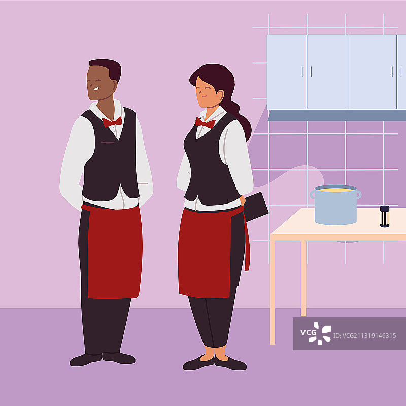 厨房里的年轻夫妇服务员图片素材