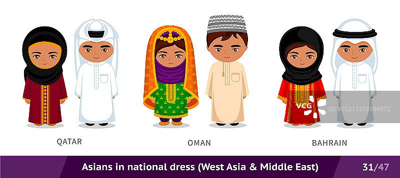 穿着民族服饰的卡塔尔、阿曼和巴林男女图片素材