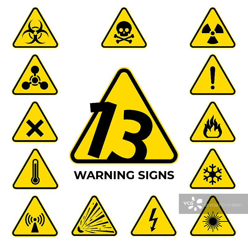 13个黑色黄色危险警告标志图片素材