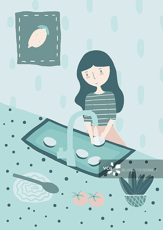 洗碗的女孩图片素材