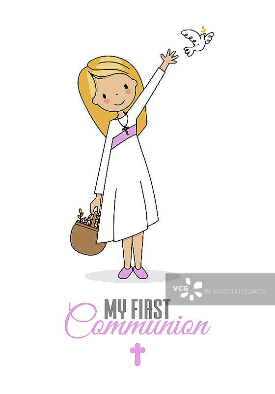 手持花篮女孩的首次圣餐卡片图片素材