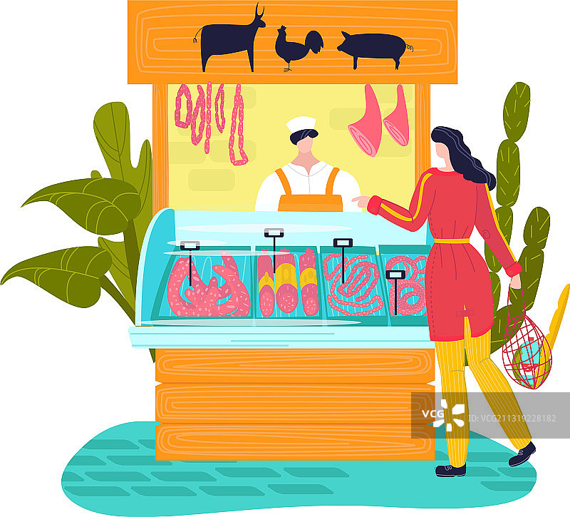 市场摊位肉制品扁平风格街景图片素材