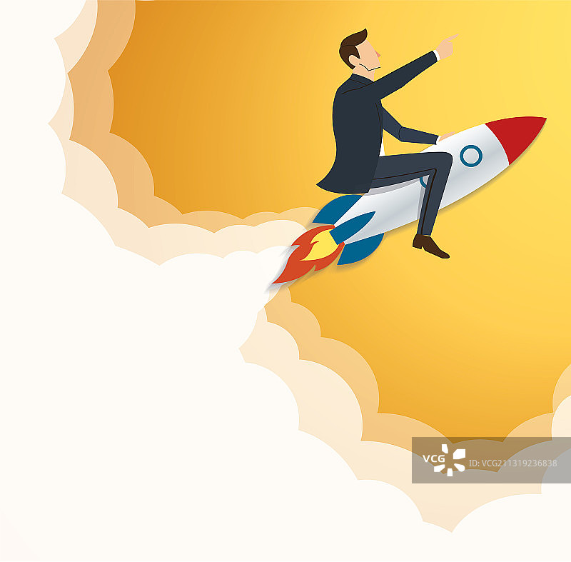 商人乘坐火箭走向成功图片素材