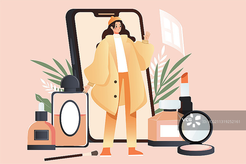 一个女孩在移动互联网上买化妆品图片素材