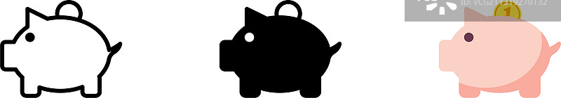带硬币的扁平小猪存钱罐储蓄罐图标集图片素材