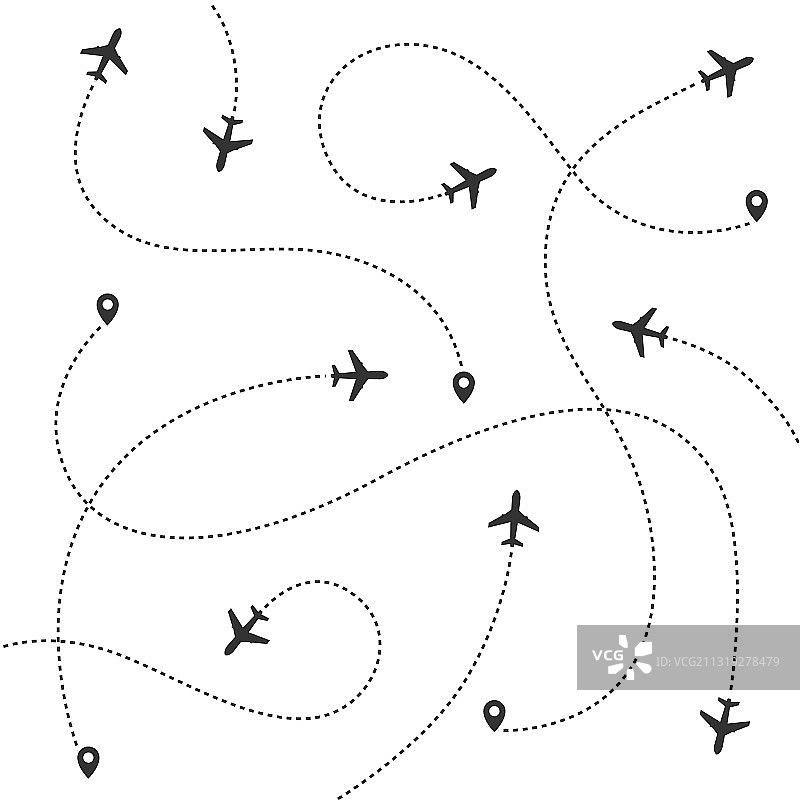 白色背景上的飞机航线无缝剪影图片素材