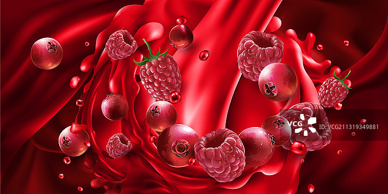 蔓越莓和覆盆子在红色果汁中图片素材