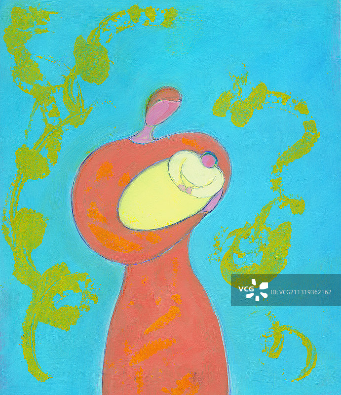 女子抱着新生婴儿插画图片素材