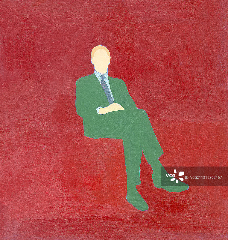 穿绿色西装的男人坐在红色背景插画图片素材