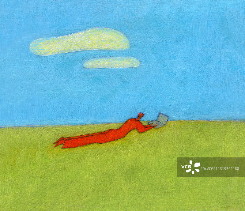男子躺在草地上使用笔记本电脑插画图片素材