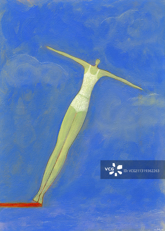 女人在跳水板上保持平衡的插图图片素材