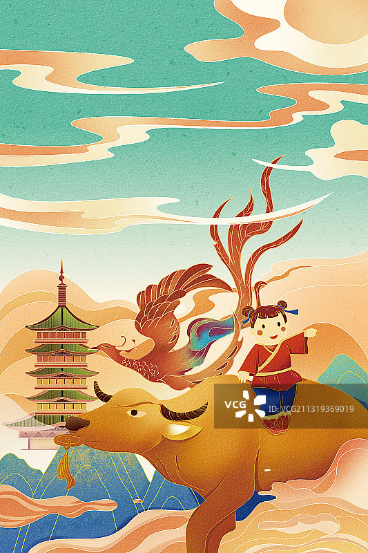 敦煌牛年插画图片素材