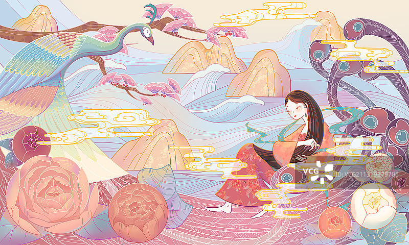 孔雀和女孩图片素材