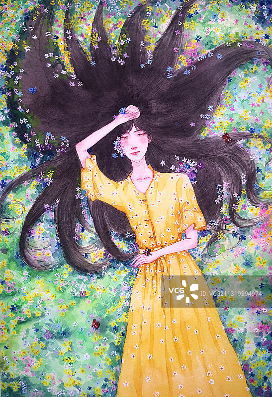 手绘水彩插画绘画人物头像女孩户外花地图片素材
