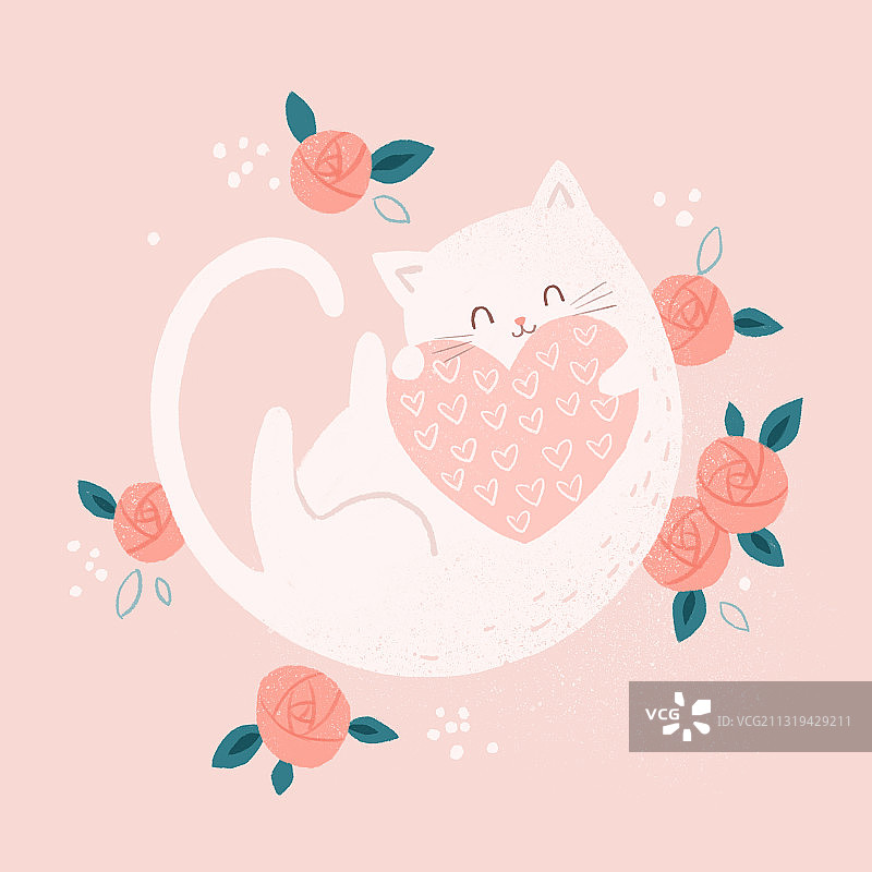 情人节七夕猫咪玫瑰花插画图片素材