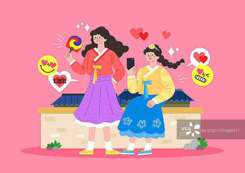 人物，生活方式，Gen Z，传统文化，韩国传统，韩服，扇子，太极图案，表情符号，宫殿，朋友图片素材