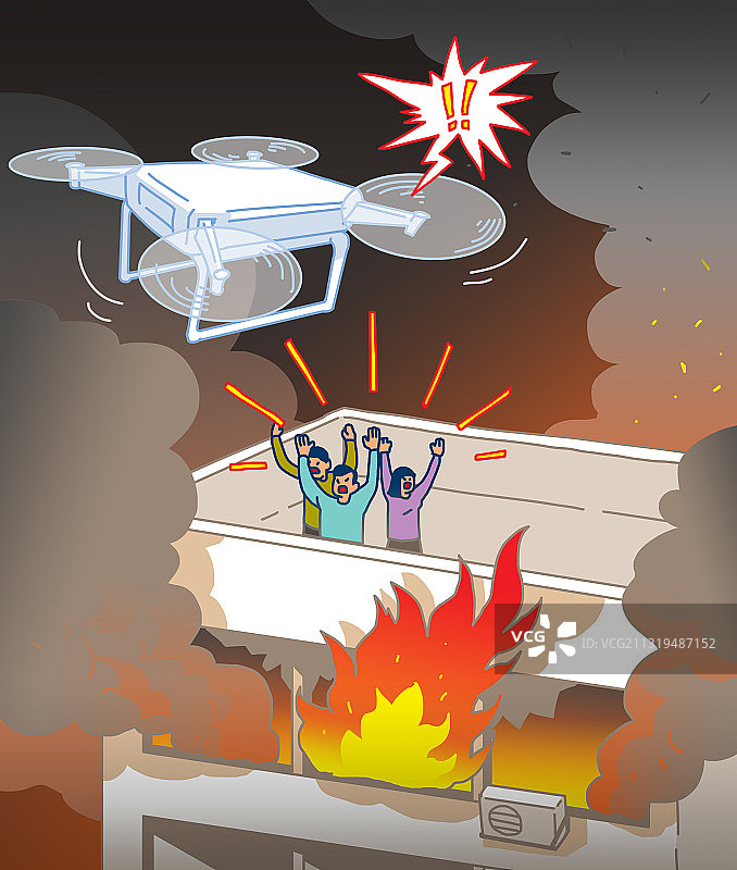 无人机拍摄、飞行、控制插画：消防救援图片素材