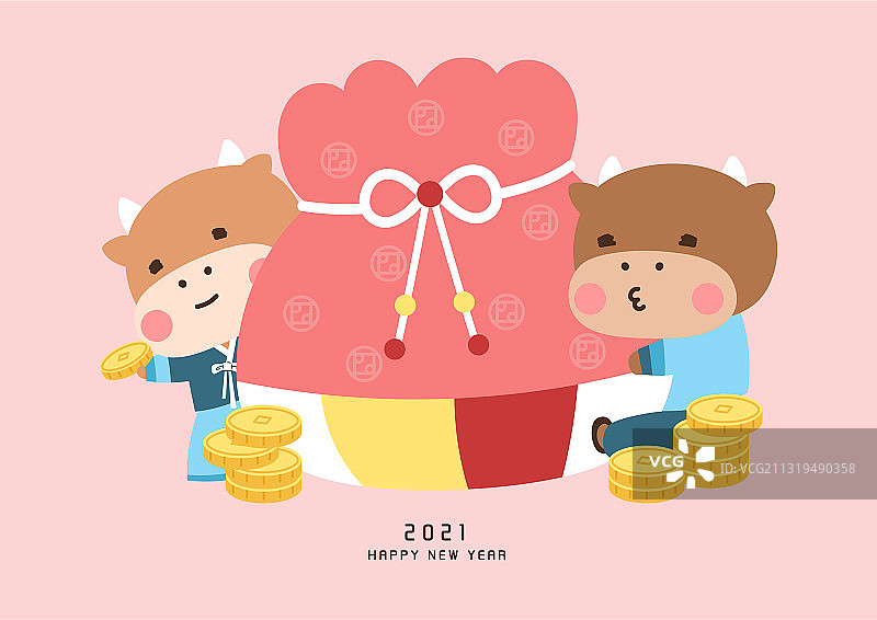 卡通中国新年贺卡年度活动牛韩服福袋图片素材