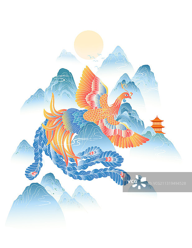 蓝色国潮山水凤凰图案图片素材