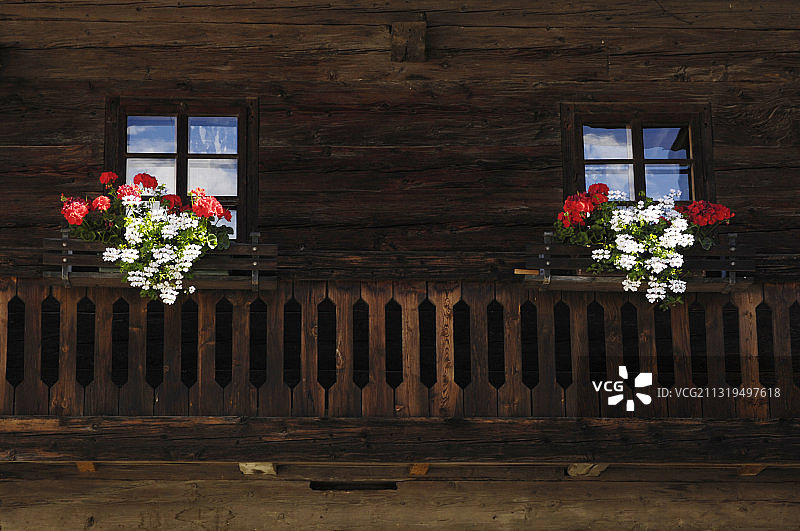 农舍阳台上带有天竺葵的窗户花箱，意大利南蒂罗尔阿尔托阿迪杰图片素材