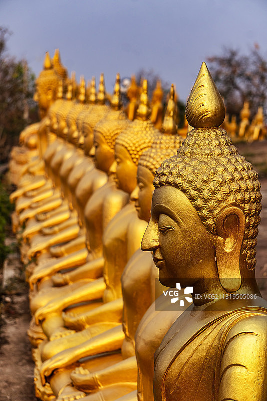 老挝巴色占巴塞府普萨劳寺的金色佛像图片素材