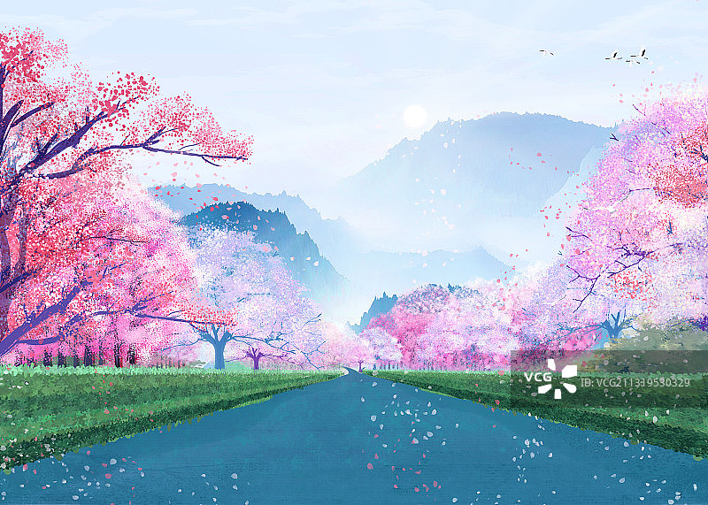 春天校园道路上鲜花绽放插画背景图片素材