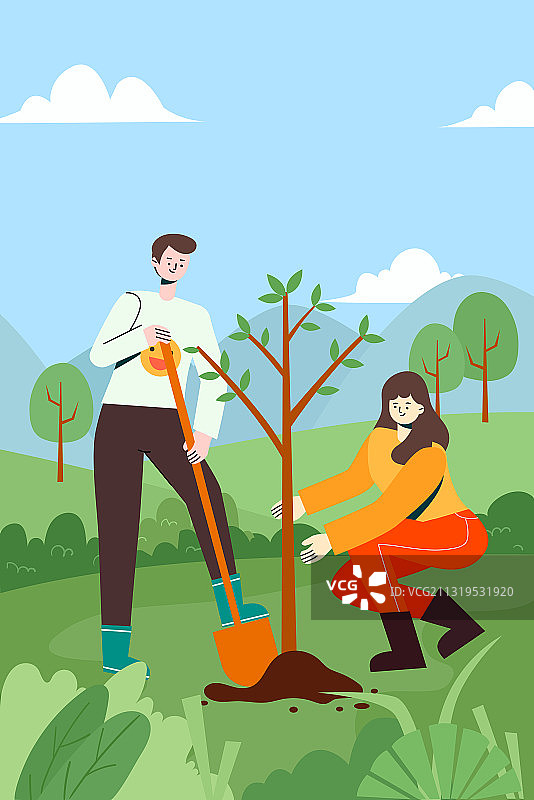 在户外植树的人们矢量插画图片素材